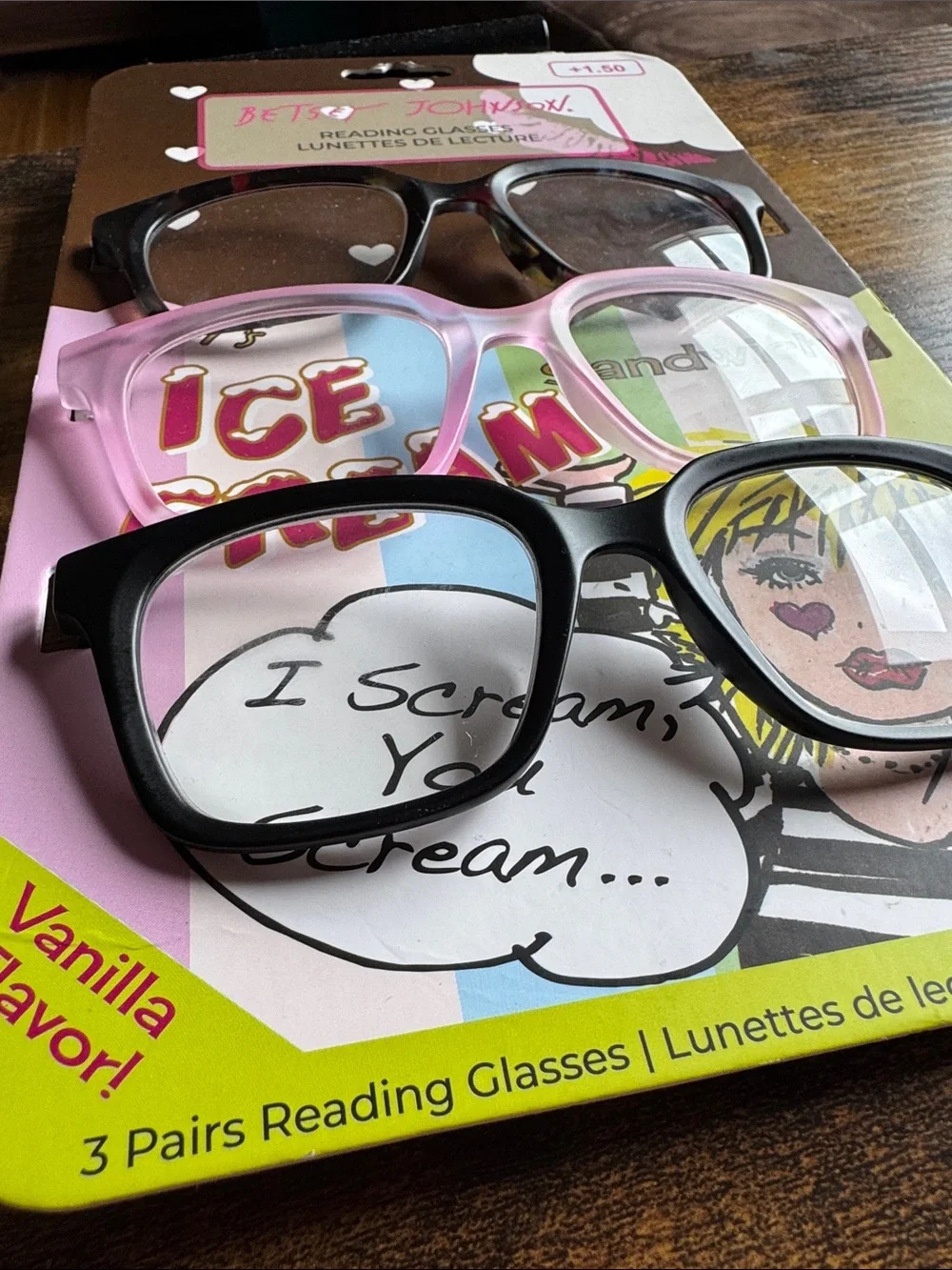 Betsey Johnson Three-Pack Reading Glasses in Black, Clear, Dark Brown